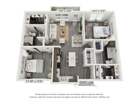 Floor plan for 2 beds, 2 baths, 1000 sqft